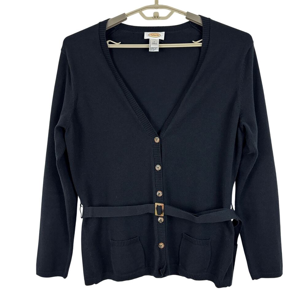 Vintage Talbots Black Cardigan Sweater V-Neck Belted Large Cotton blend